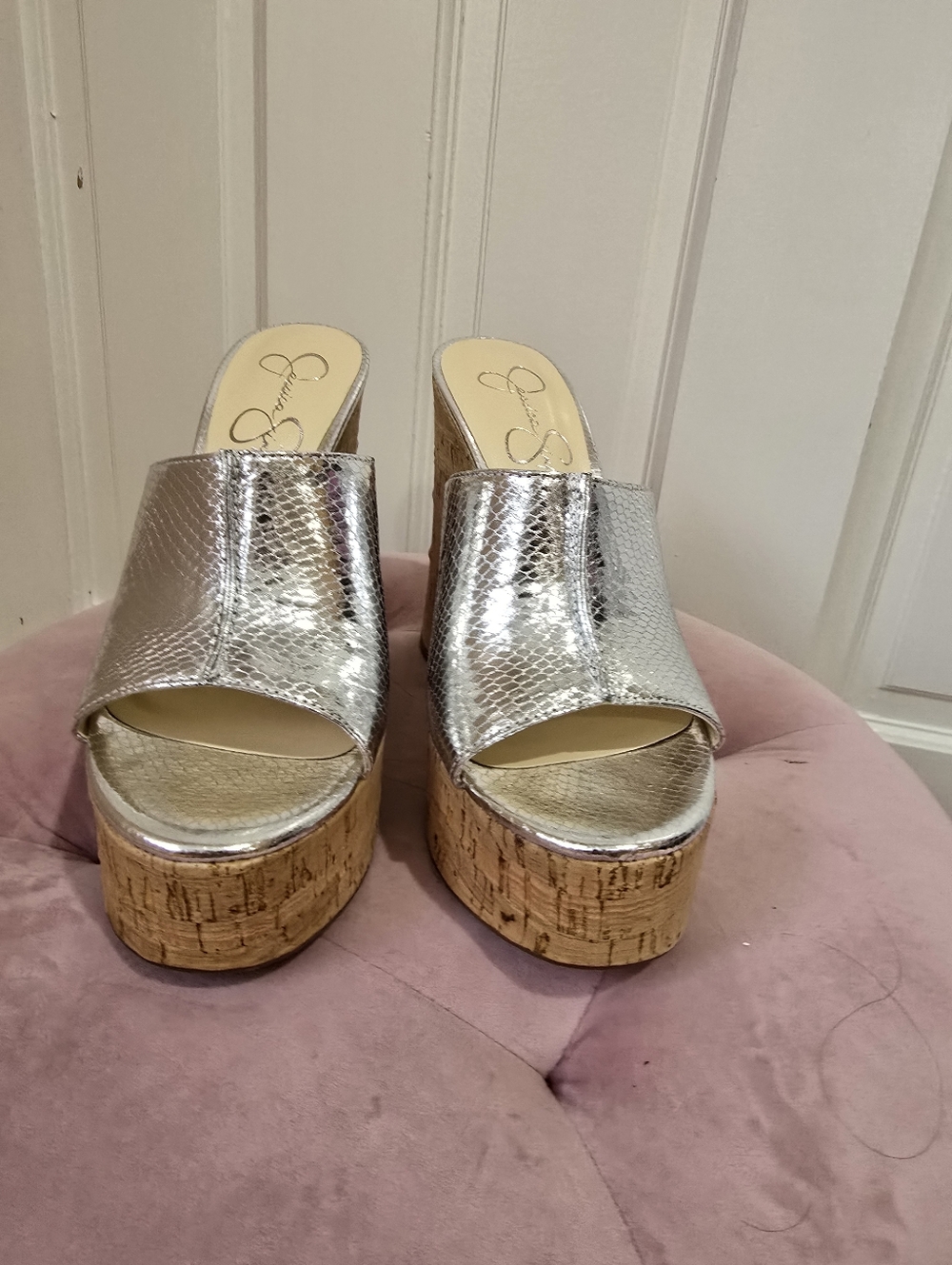 Jessica Simpson Silver Metallic Cork Platform Mules - Picture 2 of 6
